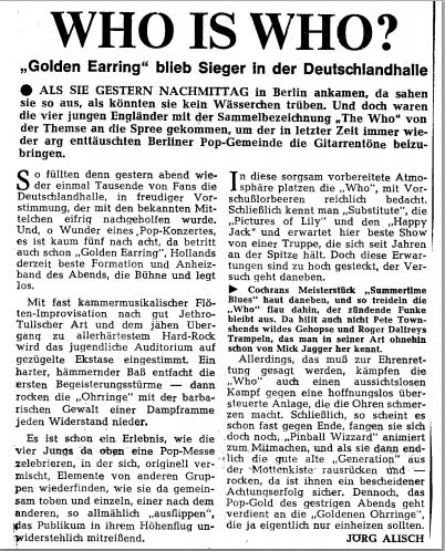 Germany The Who with Golden Earring show review Berlin August 30, 1972